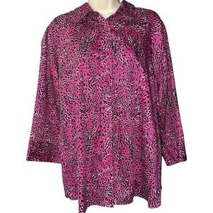 Foxcroft Wrinkle Free Button Down Blouse Pink Leopard Print Plus Size 16W Shaped